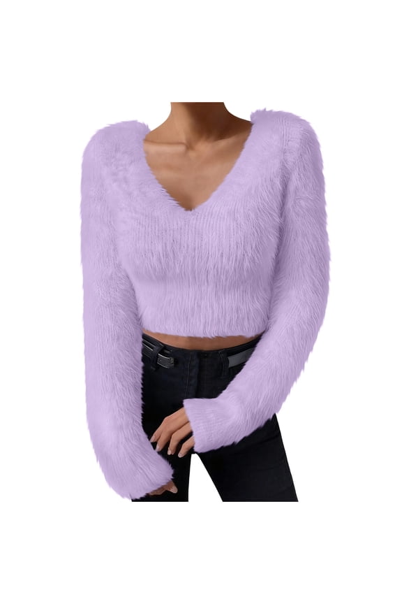 Women's Cropped Sweaters Fuzzy Fleece Long Sleeve V Neck Plush Warm Pullover Sweater Tops Fall Winter Clothes(Purple,Medium)