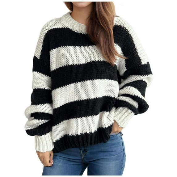 Ltctricy Women's Fall Sweater Winter Warm Soft Knitted Loose Pullover Tops Casual Striped Comfy Crewneck Shirts