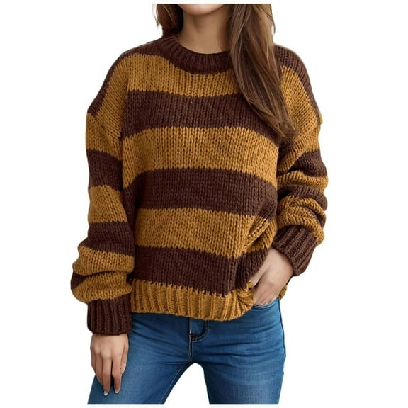 Ltctricy Women's Fall Sweater Winter Warm Soft Knitted Loose Pullover Tops Casual Striped Comfy Crewneck Shirts