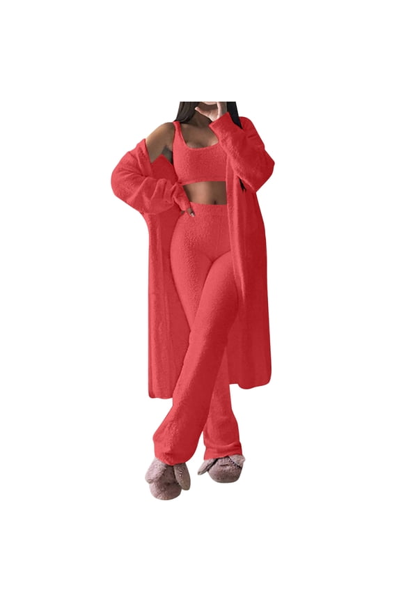 Women's Fluffy Lounge Sets Fuzzy Fleece Sleeveless Crop Tank Tops Long Sleeve Oversized Cardigans Pants 3 Piece Pajamas(Orange,Medium)