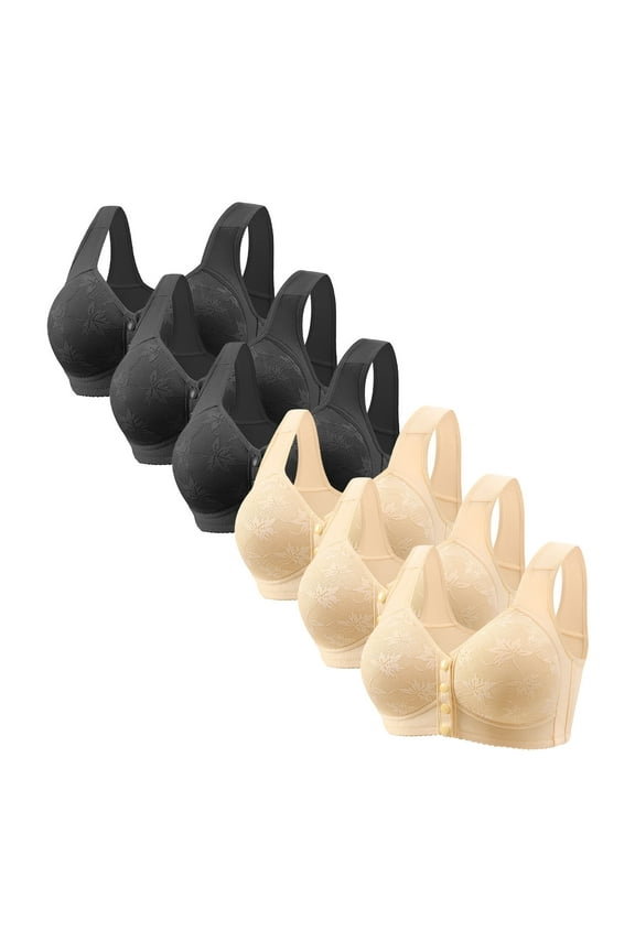 Women's Front Closure Bras 6 Pc Plus Size Supportive Wirefree Lace Full Coverage Bras Comfort Everyday Bralettes