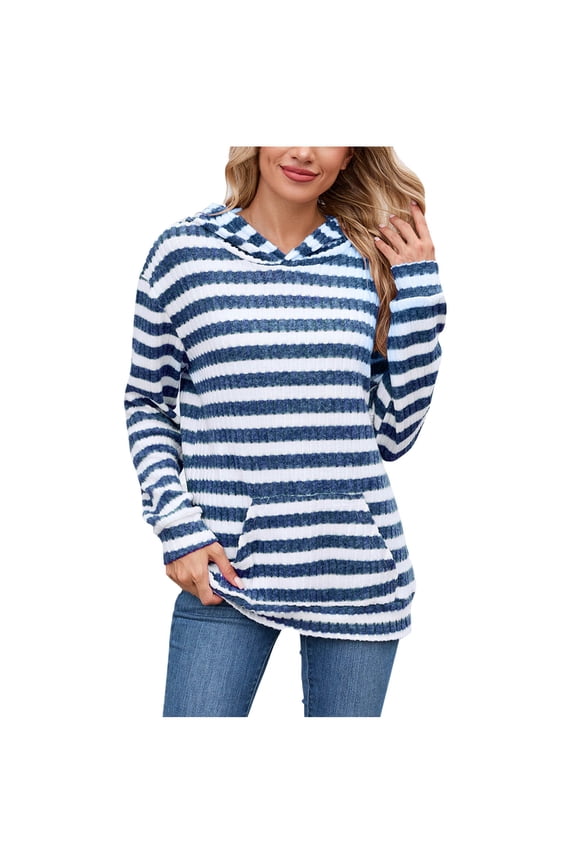 Women's Fuzzy Fleece Hoodies Soft Casual Long Sleeve Striped Pullover Sweatshirts Cozy Ribbed Knit Sweaters with Pocket(Blue,Medium)