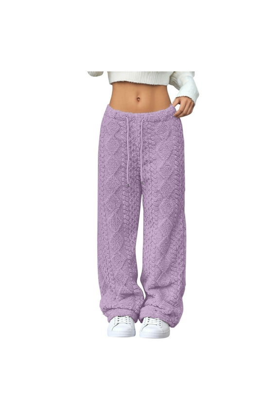 Women's Fuzzy Fleece Lounge Pants Drawstring High Waisted Wide Leg Textured Plush Pajama Pants Cozy Warm Pj Bottoms(Purple,Small)