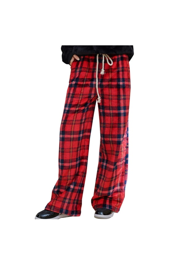 Women's Fuzzy Fleece Lounge Pants Plush Warm Drawstring Elastic High Waisted Wide Leg Plaid Pajama Pants Cozy Pj Bottoms(Red,Large)