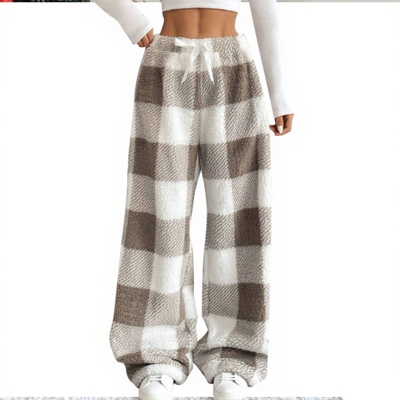 Ltctricy Women's Fuzzy Fleece Lounge Pants Soft Comfy Elastic High Waisted Wide Leg Plaid Pajama Pants Plush Warm Pj Bottoms(Khaki,Small)