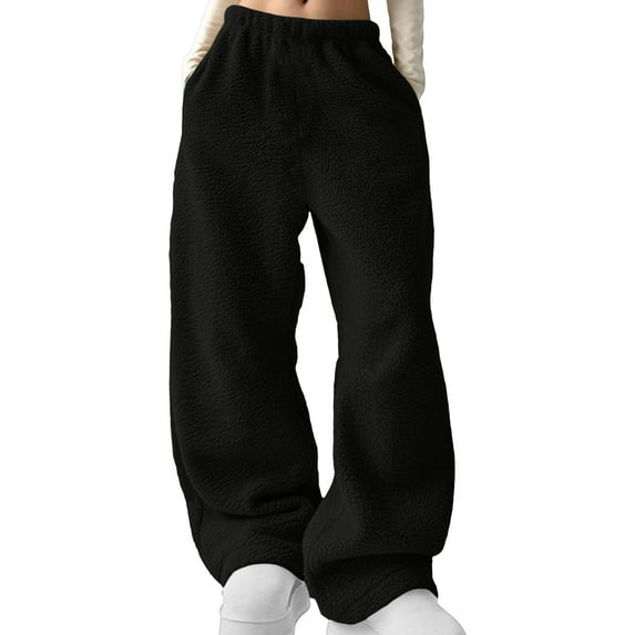 Ltctricy Women's Fuzzy Fleece Pajama Pants Plus Size Elastic High Waisted Wide Leg Lounge Palazzo Pants Baggy Pj Bottoms(Black,4X-Large)
