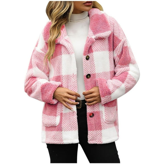Ltctricy Women's Fuzzy Fleece Plaid Jackets Casual Long Sleeve Lapel Button down Plush Coats Cozy Warm Outwear with Pockets(Pink,Medium)