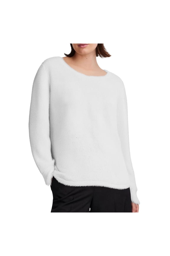 Women's Fuzzy Fleece Plus Size Tops Soft Casual Long Sleeve Crew Neck Plush Warm T Shirts Fall Winter Clothes(White,3X-Large)