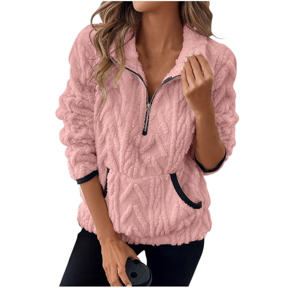 Ltctricy Women's Fuzzy Fleece Sweatshirts Long Sleeve Half Zip Collared Pullover Sweater Tops Casual Plush Sweatshirts with Pockets(Pink,Small)