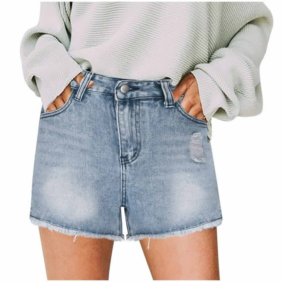 Ltctricy Women's Jean Shorts Mid Rise Frayed Hem Stretchy Casual Denim Shorts with Pockets Trendy Summer Hot Shorts