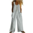 thumbnail image 1 of Ltctricy Women's Jumpsuits Cotton Linen Striped Sleeveless Scoop Neck Button Wide Leg Rompers Casual Loose Overall with Pockets, 1 of 5
