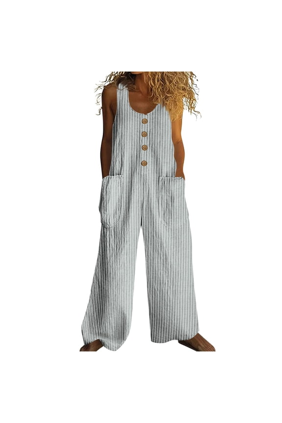 Women's Jumpsuits Cotton Linen Striped Sleeveless Scoop Neck Button Wide Leg Rompers Casual Loose Overall with Pockets