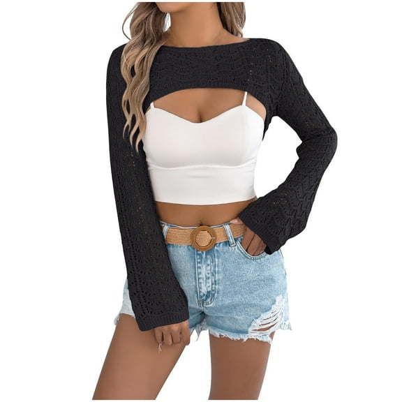 Ltctricy Women's Knitted Crop Tops Lightweight Boat Neck Long Sleeve Hollow out Crochet Shrug Sweaters Knit Cover up Blouses