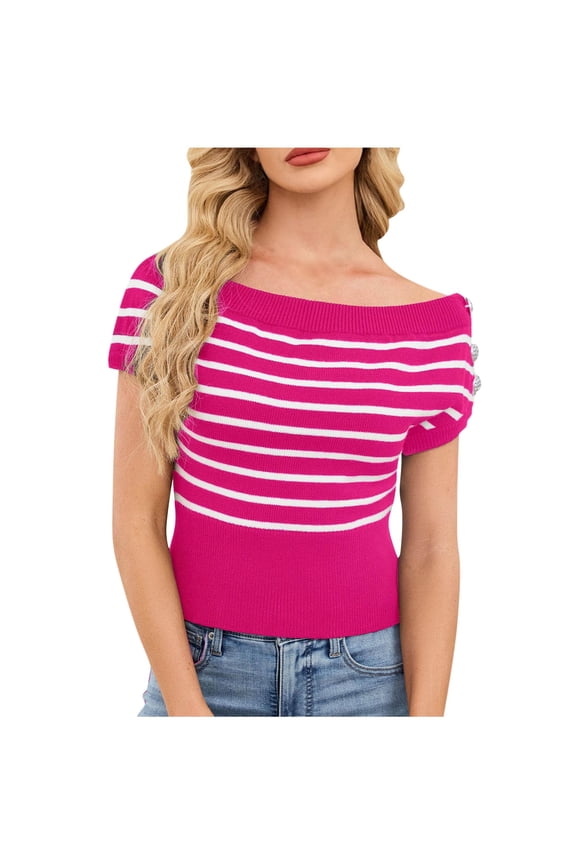 Women's Lightweight Sweaters off Shoulder Short Sleeve Side Button Striped Knit Pullover Tops Soft Casual Blouses