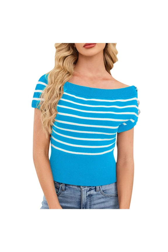 Women's Lightweight Sweaters off Shoulder Short Sleeve Side Button Striped Knit Pullover Tops Soft Casual Blouses