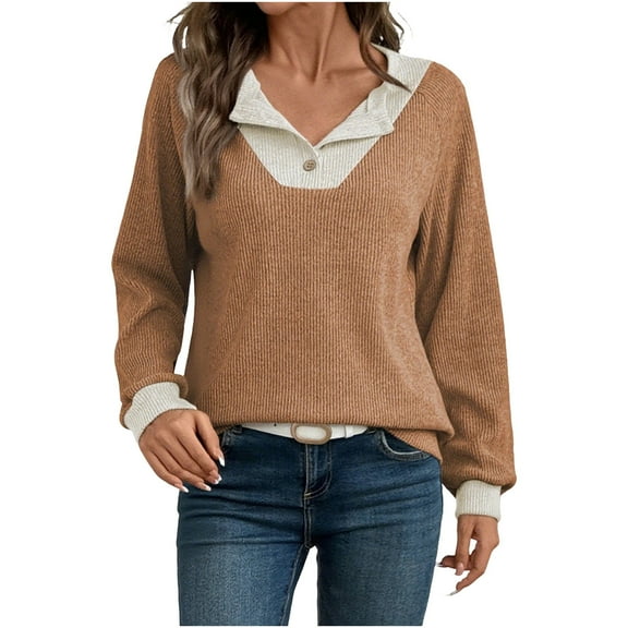 Ltctricy Women's Long Sleeve Shirts Casual Quarter Button V Neck Color Block Patchwork Ribbed Knit Tops Loose Pullover Sweatshirts(Coffee,Small)
