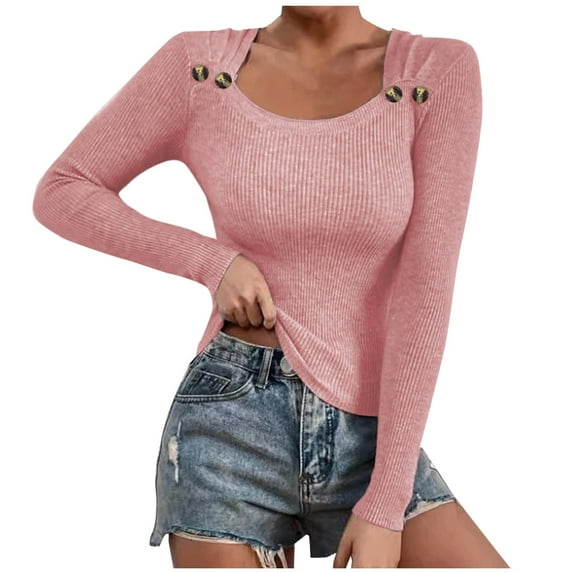 Ltctricy Women's Long Sleeve Shirts Fall Fashion Ribbed Scoop Neck Slim Basic Knitted Tunic Tops Going out Tee Blouses(Pink,X-Large)
