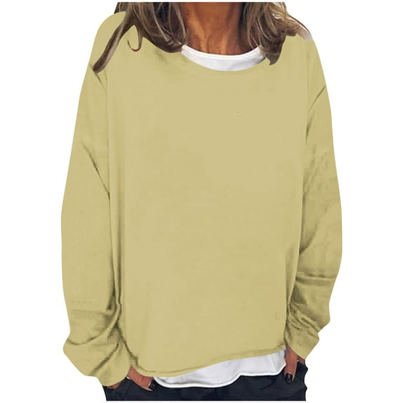 Ltctricy Women's Long Sleeve Shirts Trendy Crew Neck 2 in 1 Tee Tops Casual Loose Blouses Fall Winter Fashion Clothes(Khaki,X-Large)
