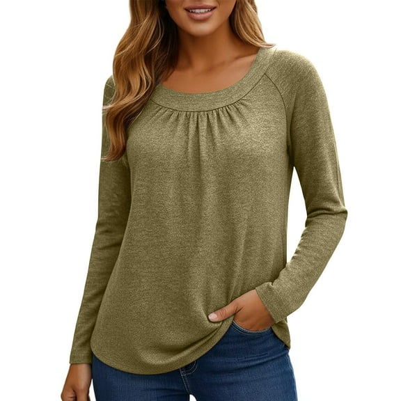 Ltctricy Women's Long Sleeve T Shirts Crew Neck Pleated Front Solid Color Dressy Casual Tunic Tops Soft Tee Blouses(Army Green,Small)