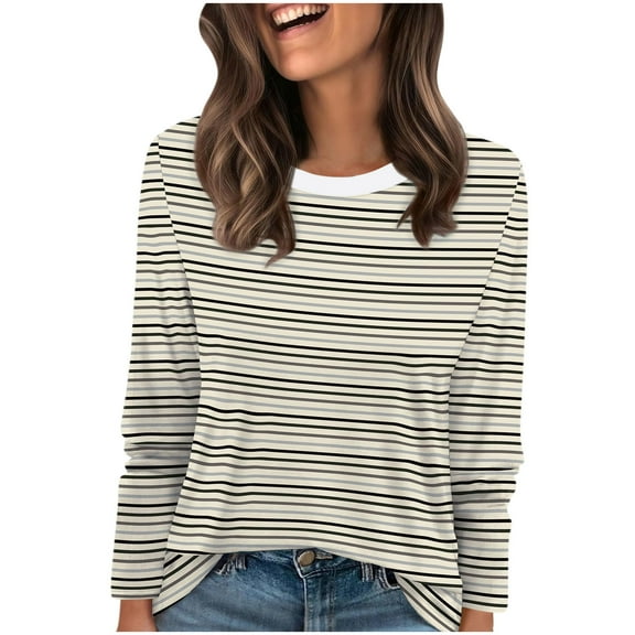 Ltctricy Women's Long Sleeve T Shirts Spring Fall Fashion Crew Neck Striped Soft Casual Tee Tops Loose Tunic Blouses(Khaki,XX-Large)