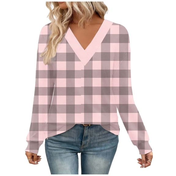 Ltctricy Women's Long Sleeve T Shirts V Neck Plaid Plus Size Tunic Tops Soft Casual Tees Loose Trendy Blouses(Pink,4X-Large)