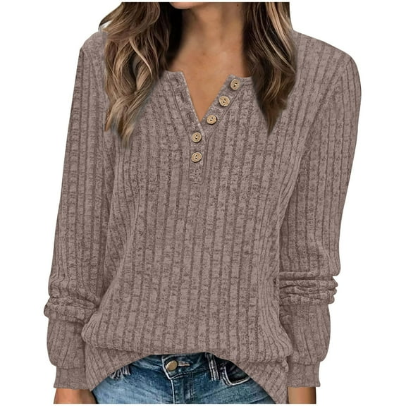 Ltctricy Women's Long Sleeve Tops Crew Neck Quarter Button Ribbed Knit T Shirts Loose Casual Blouses Soft Warm Fleece Tees(Khaki,Small)