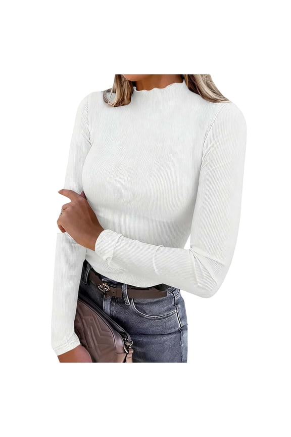 Women's Long Sleeve Tops Ribbed Knit Ruffle Trim Mock Neck Slim T Shirts Base Layer Tees Casual Basic Undershirts(White,Large)