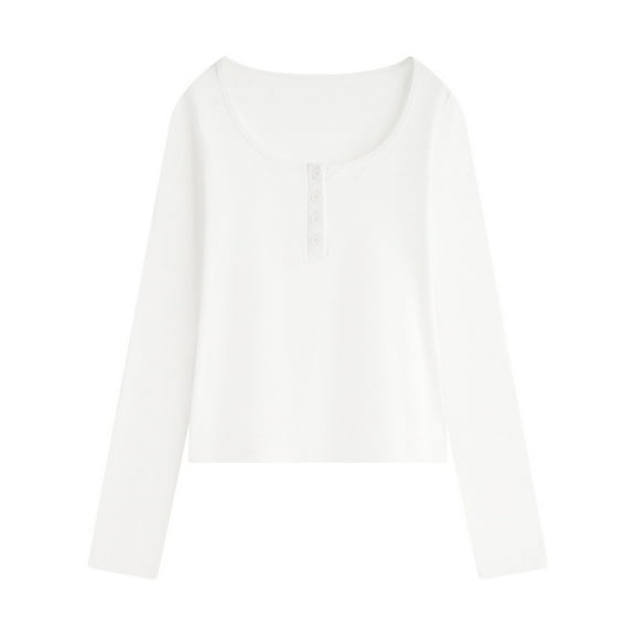 Ltctricy Women's Long Sleeve Tops Scoop Neck Quarter Button Solid Color Cropped T Shirts Soft Casual Tees Going out Blouses(White,XX-Large)