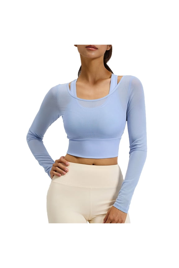 Women's Long Sleeve Workout Tops Mesh Scoop Neck 2 in 1 Slim Yoga Crop Tops Built in Bra Athletic Padded T Shirts(Light Blue,X-Large)