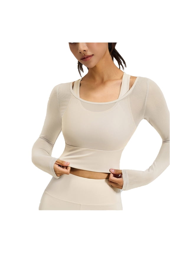 Women's Long Sleeve Workout Tops Mesh Scoop Neck 2 in 1 Slim Yoga Crop Tops Built in Bra Athletic Padded T Shirts(White,X-Large)