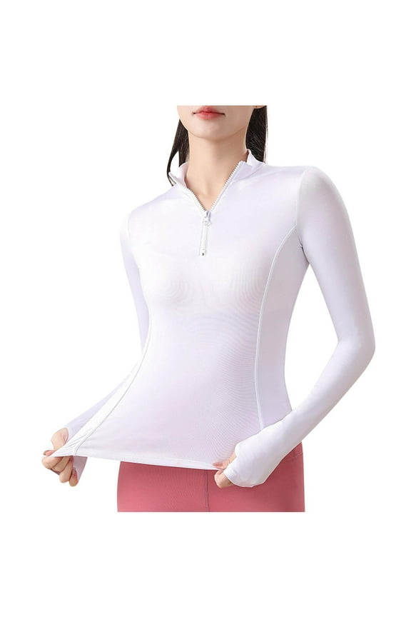 Women's Long Sleeve Workout Tops Quarter Zip Mock Neck Slim Athletic Shirts Tight Yoga Gym Tees with Thumb Holes
