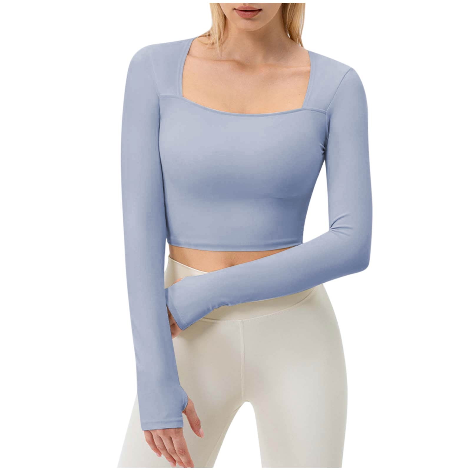 Ltctricy Women's Long Sleeve Workout Tops Square Neck Cropped Slim ...