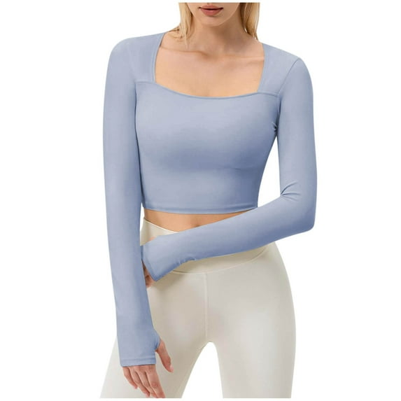 Ltctricy Women's Long Sleeve Workout Tops Square Neck Cropped Slim Running Yoga T Shirts Athletic Compression Shirts