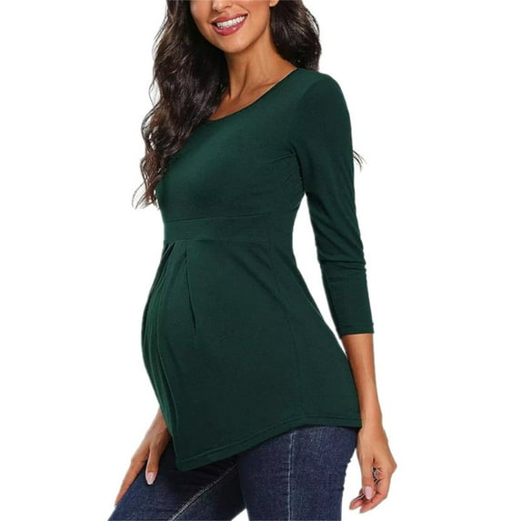 Ltctricy Women's Maternity Babydoll Tops 3/4 Sleeve Crew Neck Pleated Curved Hem Tunic Shirts Soft Casual Pregnancy Tees(Green,XX-Large)