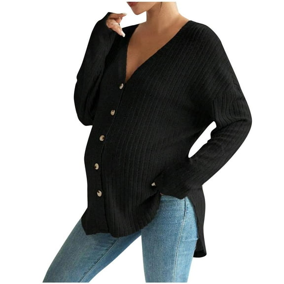 Ltctricy Women's Maternity Cardigan Sweaters Long Sleeve V Neck Curved Hem Button down Ribbed Knit Tops Soft Casual Pregnancy Outfits(Black,X-Large)