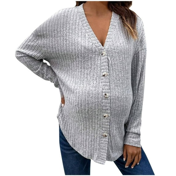 Ltctricy Women's Maternity Cardigan Sweaters Long Sleeve V Neck Curved Hem Button down Ribbed Knit Tops Soft Casual Pregnancy Outfits(Gray,X-Large)