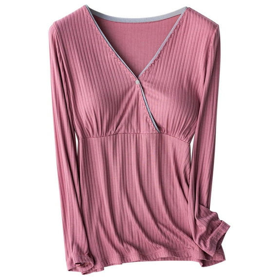 Ltctricy Women's Maternity Pajama Tops Built in Bra Soft Comfy Long Sleeve V Neck Sleepwear T-Shirts Loungewear Pregnancy Clothes(Watermelon Red,Medium)