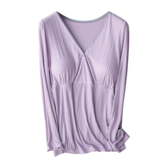 Ltctricy Women's Maternity Pajama Tops Built in Bra Soft Comfy Long Sleeve V Neck Sleepwear T-Shirts Loungewear Pregnancy Clothes(Purple,Large)