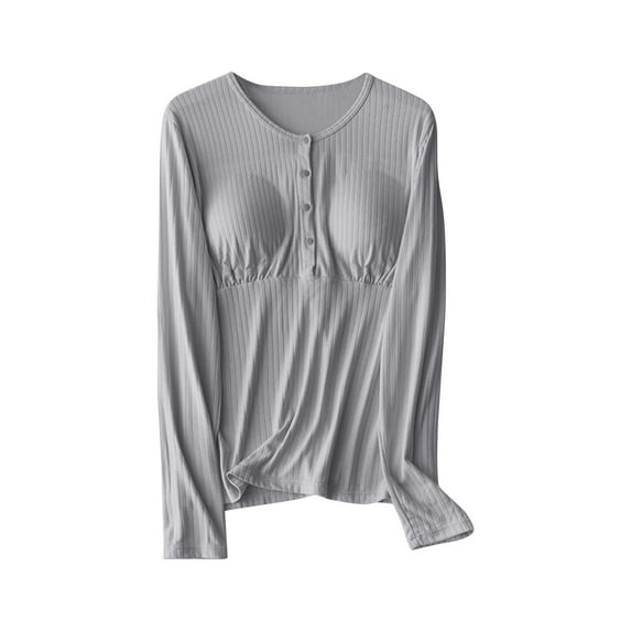 Ltctricy Women's Maternity Pajama Tops Cotton Long Sleeve Half Button Loungewear Tees with Built in Bra Pregnancy Sleepwear T-Shirts(Gray,XX-Large)