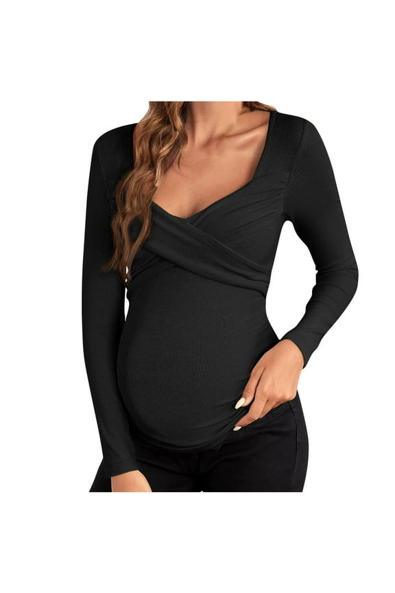 Women's Maternity Shirts Soft Casual Long Sleeve V Neck Crossover Slim Pregnancy T-Shirts Going out Tops(Black,Medium)