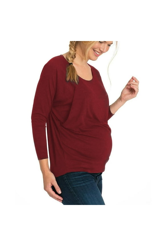 Women's Maternity T-Shirts Long Sleeve Crew Neck Double Layer Loose Tunic Tops Casual Pregnancy Tee Blouses(Red,Large)