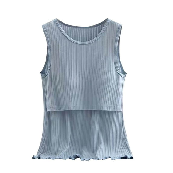 Ltctricy Women's Maternity Tank Tops Soft Comfy Crew Neck Ruffle Hem Double Layer Loungewear Sleeveless Shirts Cami Pregnancy Tees(Blue,X-Large)