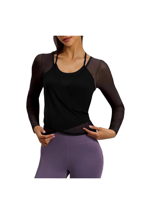 Women's Mesh Crop Tops Long Sleeve Scoop Neck Crossover Slim T Shirts Running Yoga Tees Athletic Gym Shirts(Black,Large)