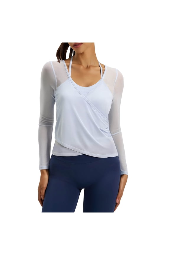 Women's Mesh Crop Tops Long Sleeve Scoop Neck Crossover Slim T Shirts Running Yoga Tees Athletic Gym Shirts(Blue,XX-Large)