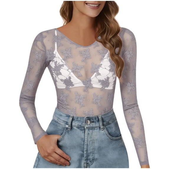 Ltctricy Women's Mesh Lace Tops V Neck Long Sleeve Embroidered See Through Solid Color Slim T Shirts Tight Tee Blouses