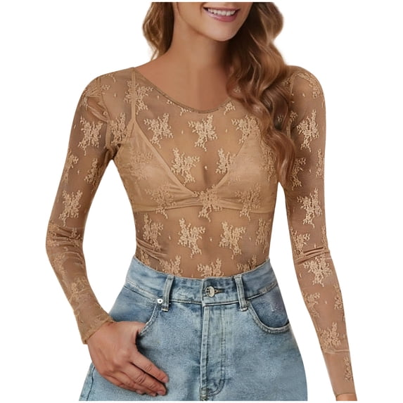 Ltctricy Women's Mesh Lace Tops V Neck Long Sleeve Embroidered See Through Solid Color Slim T Shirts Tight Tee Blouses