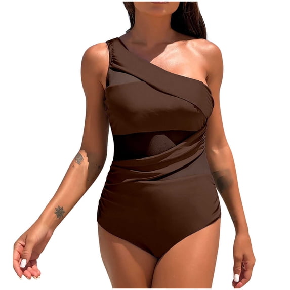 Ltctricy Women's One Piece Swimsuits off One Shoulder Padded Mesh See Through Ruched Swimwear Slimming Bathing Suits
