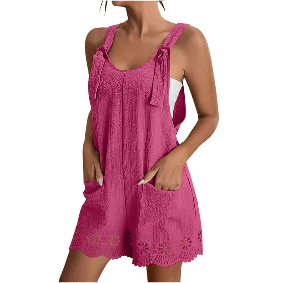 Ltctricy Women's Overalls Summer Sleeveless Scoop Neck Adjustable Strap Hollow out Hem Pleated Short Rompers Casual Loose Jumpsuits
