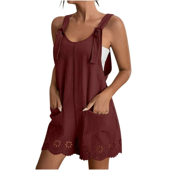 Ltctricy Women's Overalls Summer Sleeveless Scoop Neck Adjustable Strap Hollow out Hem Pleated Short Rompers Casual Loose Jumpsuits
