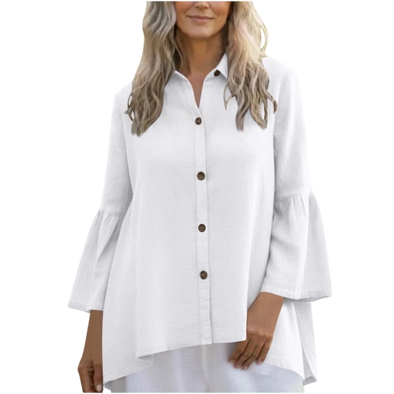 Ltctricy Women's Oversized Button down Shirts Bell 3/4 Sleeve Collared High Low Hem Tunic Tops Loose Fit Casual Blouses